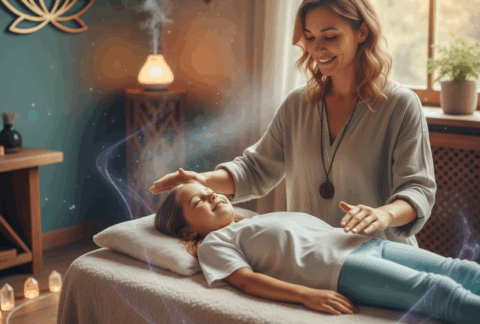 Suggestion d'illustration : Image d'un enfant souriant et détendu sur une table de massage, avec les mains d'un adulte légèrement au-dessus, dans une ambiance douce et lumineuse. Des symboles subtils du Reiki ou des couleurs apaisantes peuvent être ajoutés en arrière-plan.