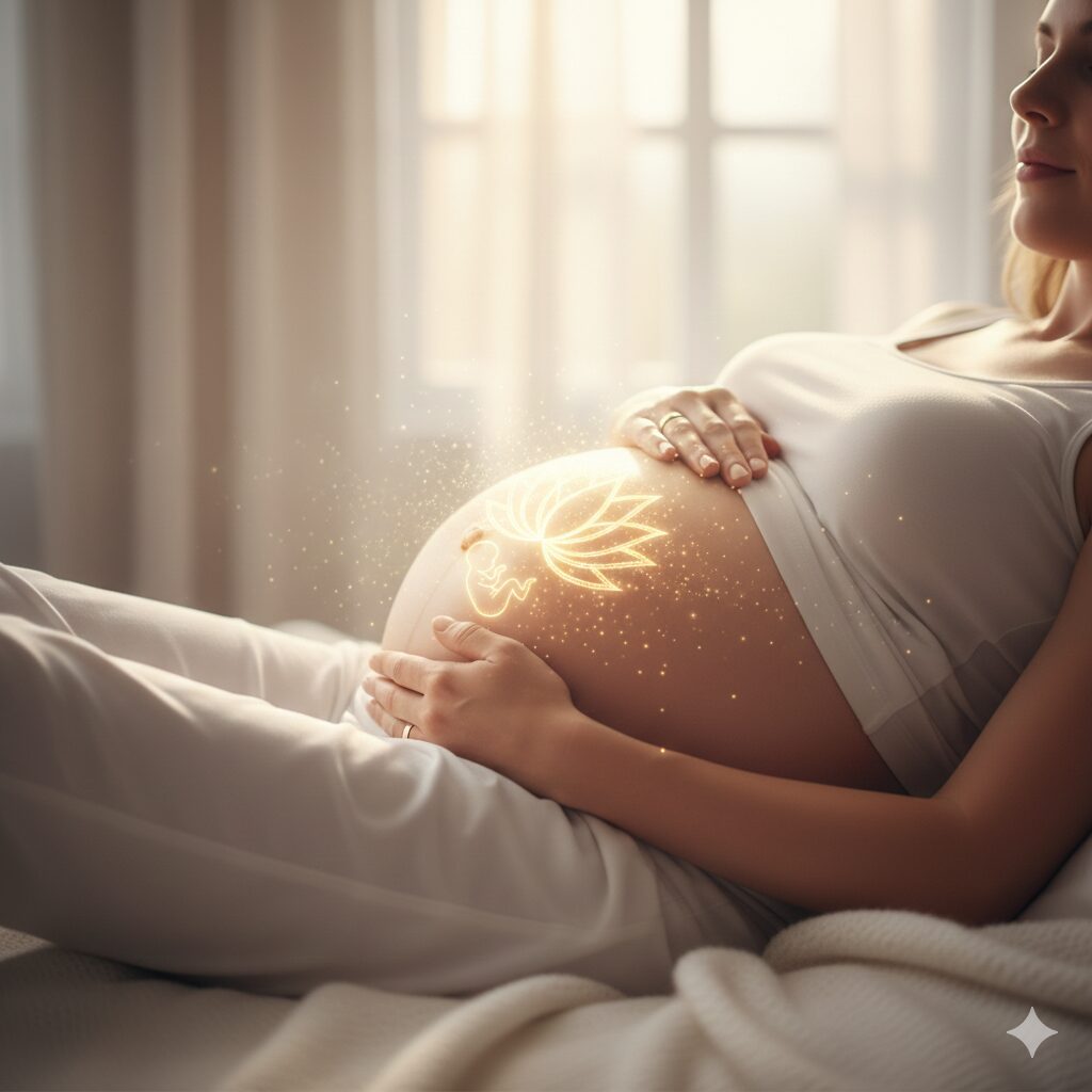 Des mains enveloppant un ventre, symbole de douceur et de protection.) Pour illustrer les bienfaits du Reiki pendant les trimestres, une image montrant l'interaction entre les mains et le ventre, avec une douce lumière, sera parfaite. `