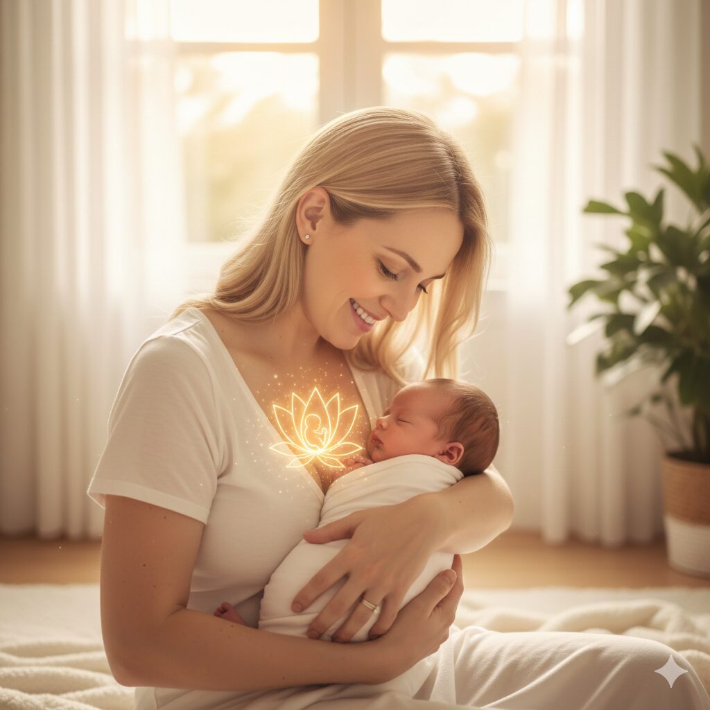 : Une nouvelle maman souriante, tenant son bébé dans ses bras, rayonnante.) Pour cette section, une image de nouvelle maman avec son bébé, rayonnante et sereine, soulignera les bienfaits post-partum.