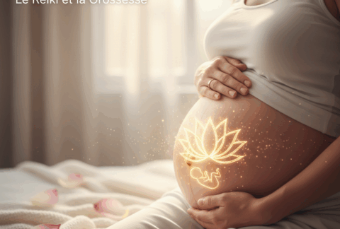 Une grande image douce et lumineuse d'une main posée sur un ventre de femme enceinte, ou une fleur de lotus