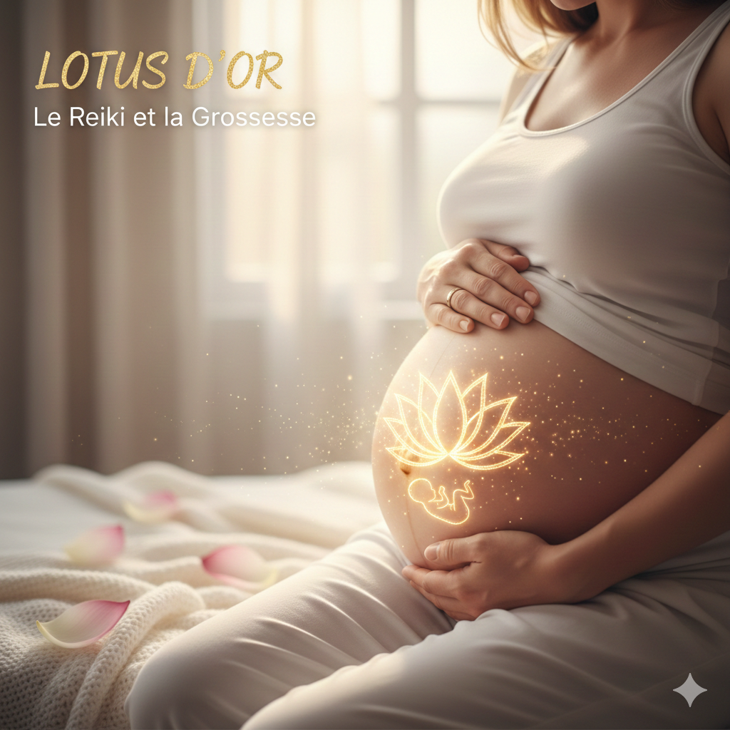 Une grande image douce et lumineuse d'une main posée sur un ventre de femme enceinte, ou une fleur de lotus