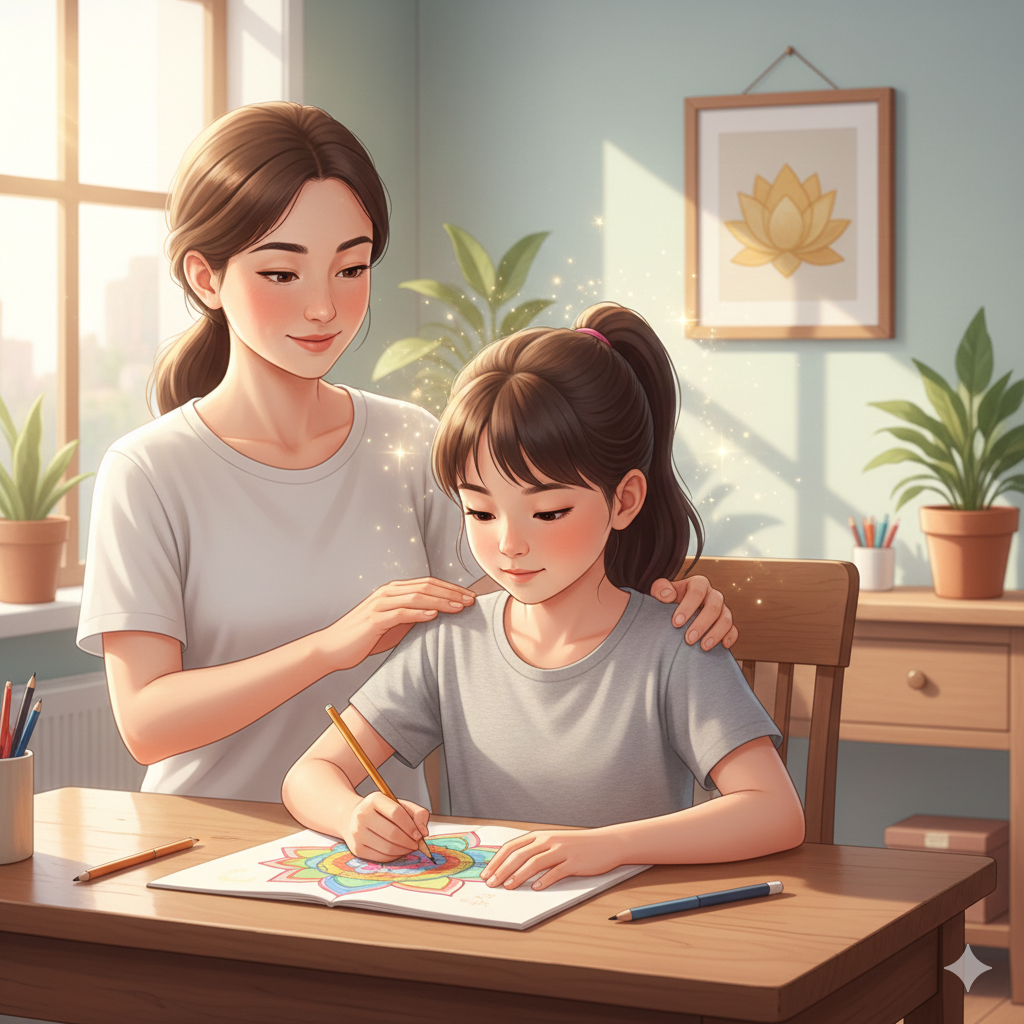 Suggestion d'illustration : Un enfant et un parent (ou un praticien) assis en tailleur, les yeux fermés, dans une posture de méditation simple, dégageant un sentiment de paix. Des couleurs douces et un environnement lumineux.