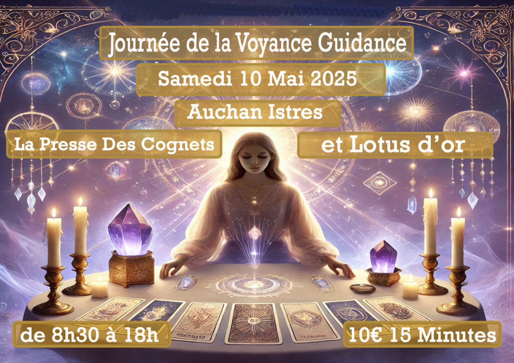 Journée de la voyance
à la Presse des Cognets Auchan Istres
avec le Lotus D'or la voie du reiki
le Samedi de 10 Mai 2025
de 8h30 -18h
Venez poser vos Questions Guidance en direct
10€ les 15 Min