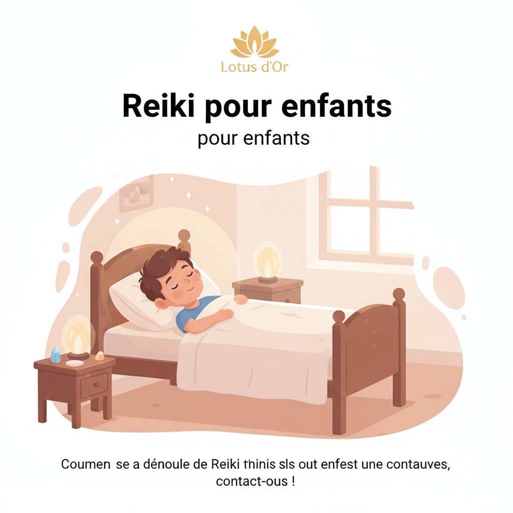 Suggestion d'illustration : Un enfant dormant paisiblement dans son lit, entouré d'une légère aura lumineuse ou de symboles apaisants (lune, étoiles).