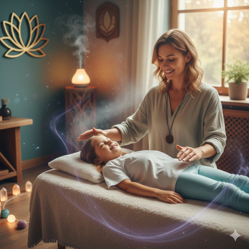 Suggestion d'illustration : Image d'un enfant souriant et détendu sur une table de massage, avec les mains d'un adulte légèrement au-dessus, dans une ambiance douce et lumineuse. Des symboles subtils du Reiki ou des couleurs apaisantes peuvent être ajoutés en arrière-plan.